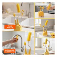 Cepillo para Biberones 4pzs Amarillo Base Osito Limpieza Rapida y Efectiva Y Ligas Regalo