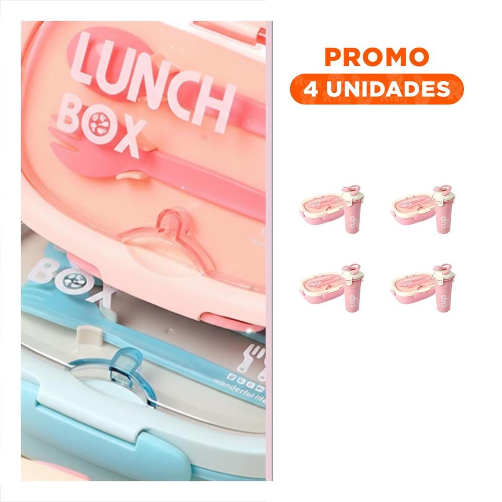 Pack4 Envase 850ml con Cubiertos y Tomatodo 480ml Rosado para Estudio