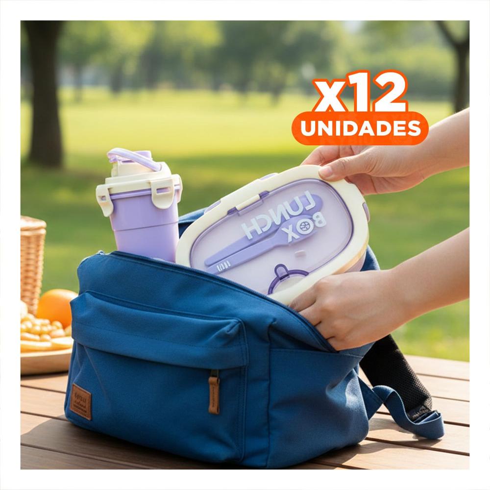 Pack12 Lonchera 850ml con Cubiertos y Tomatodo 480ml Lila Moderno Practico YRegalo Sticker