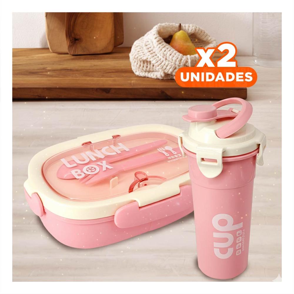 Pack2 Envase 850ml con Cubiertos y Tomatodo 480ml Rosado para Casa YPapel Regalo