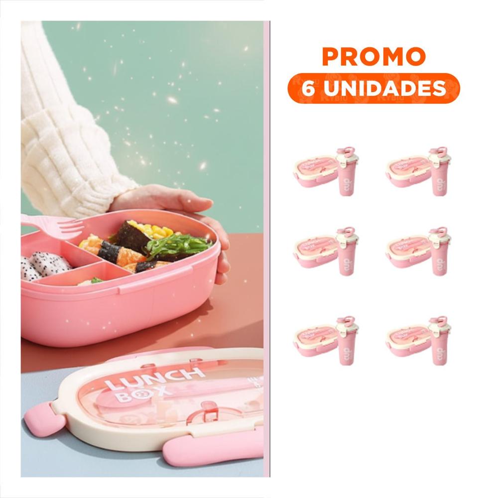 Pack6 Porta Comida 850ml con Cubiertos y Tomatodo 480ml Rosado para Estudio YRegalo Sticker
