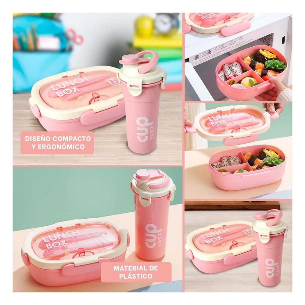 Lonchera 850ml con Cubiertos y Tomatodo 480ml Rosado para Estudio Practico YLigas Regalo