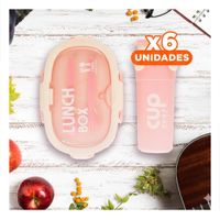 Pack6 Porta Comida 850ml con Cubiertos y Tomatodo 480ml Rosado para Trabajo YPapel Regalo