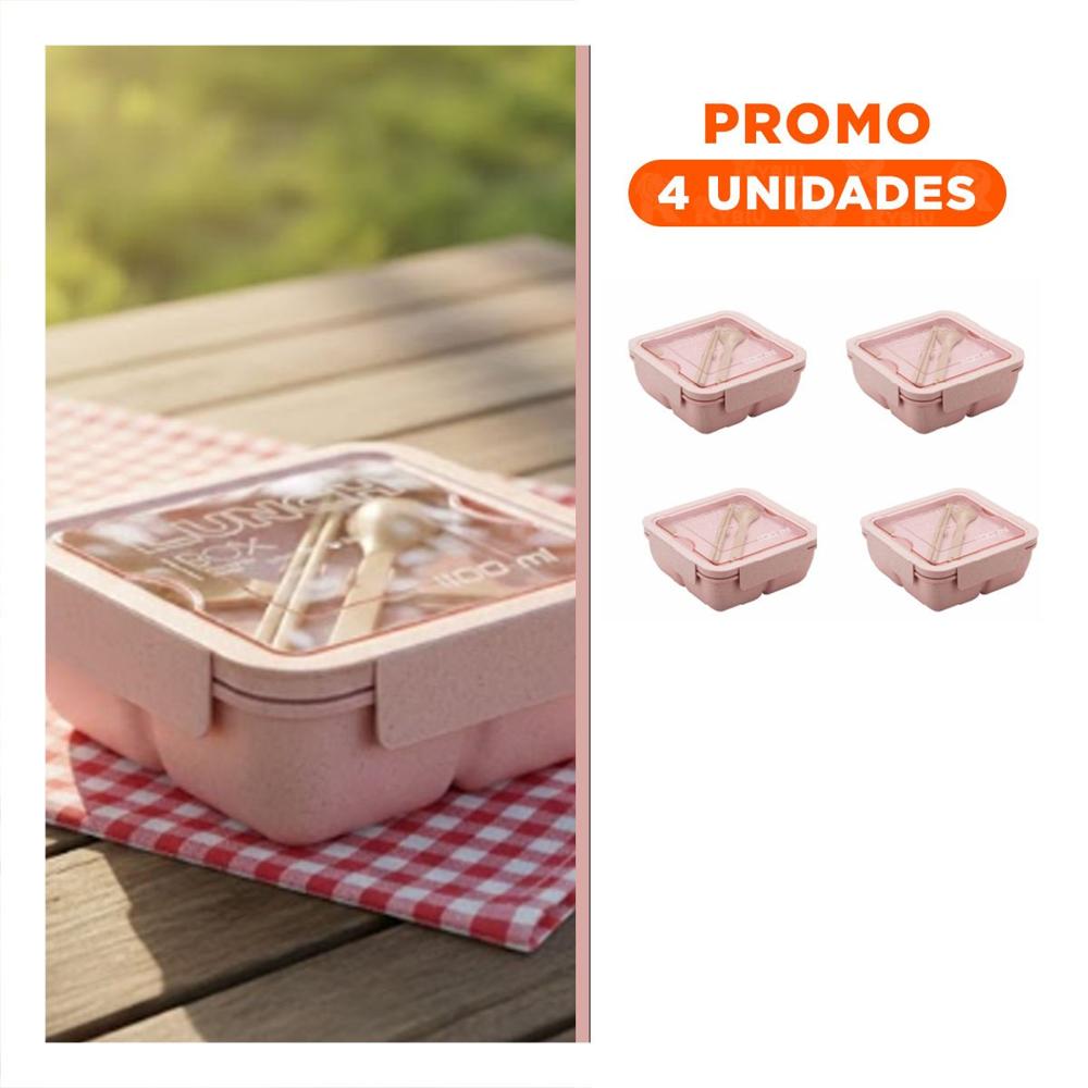 Pack4 Taper cuadrado con cubiertos 1100ml rosado para lunch y transportar comida