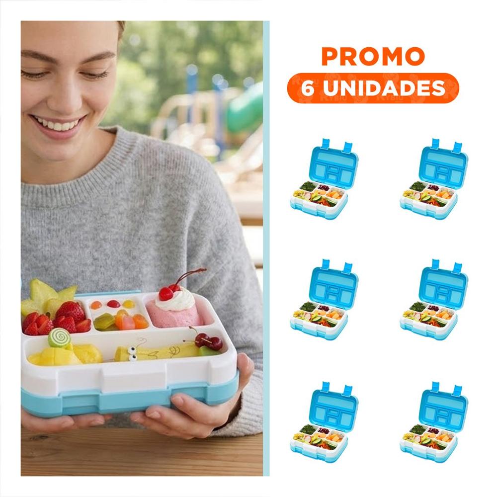 Pack6 Caja Escolar Bento 5 Divisiones Celeste para Lonchera de Ninos YRegalo Sticker