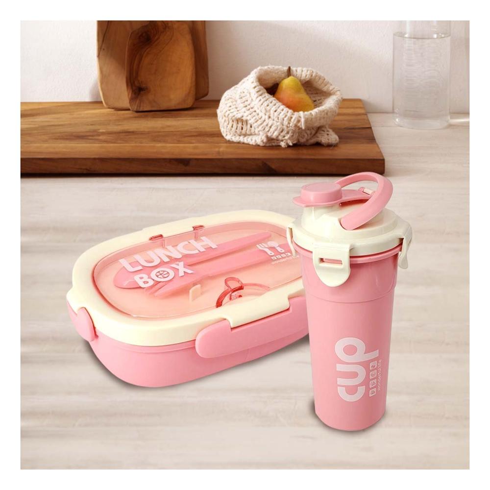 Lonchera 850ml con Cubiertos y Tomatodo 480ml Rosado para Hogar Diario