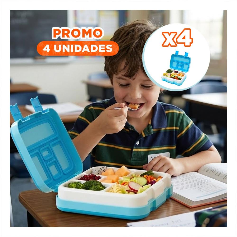 Pack4 Lonchera Moderna Bento 5 Divisiones Celeste para Uso en Oficina YPapel Regalo