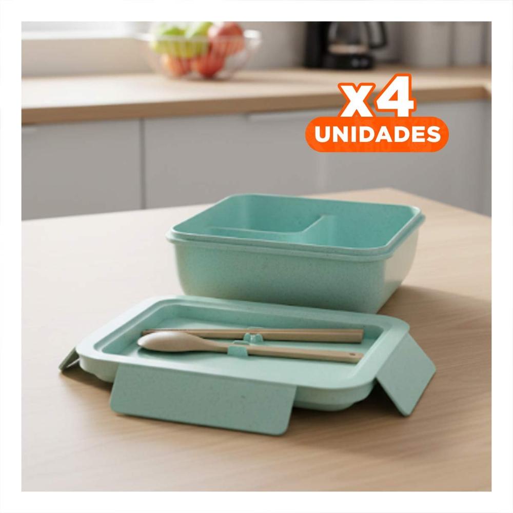 Pack4 Refrigerador portable cuadrado con cubiertos 1100ml verde agua para lunch Y Papel Regalo