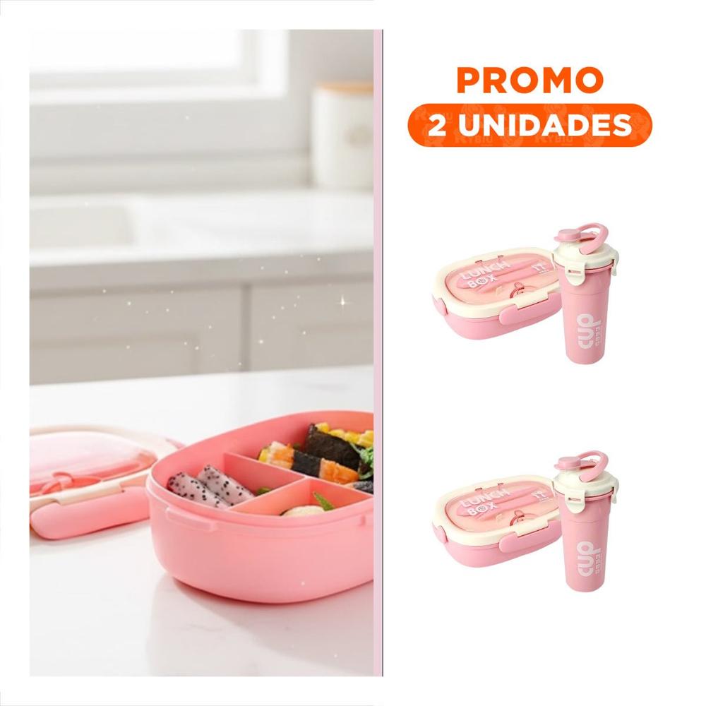 Pack2 Envase 850ml con Cubiertos y Tomatodo 480ml Rosado para Trabajo YRegalo Sticker