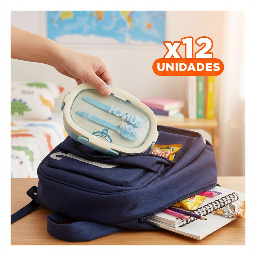 Pack12 Lonchera 850ml con Cubiertos y Tomatodo 480ml Celeste Moderno YRegalo Sticker