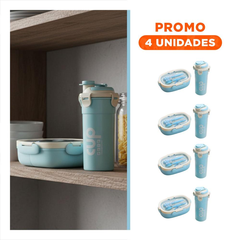 Pack4 Estuche 850ml con Cubiertos y Tomatodo 480ml Celeste Practico