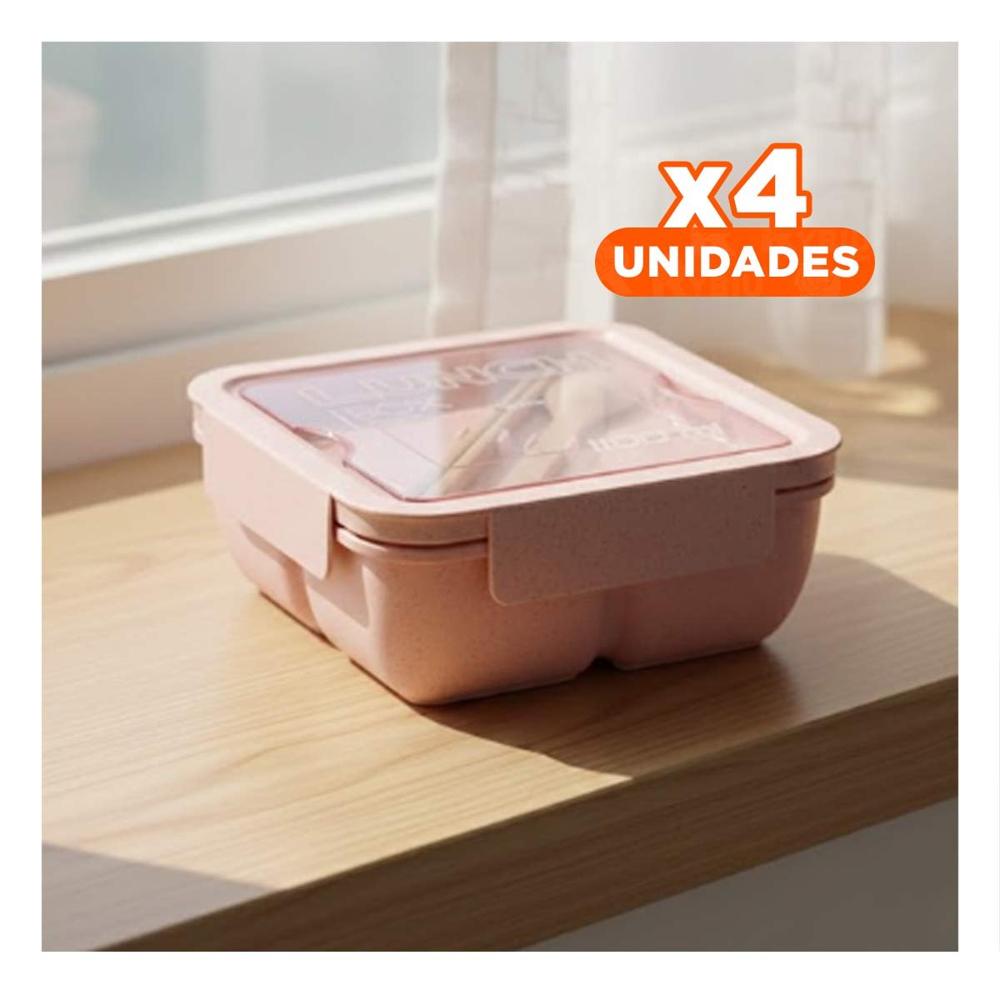 Pack4 Contenedor cuadrado con cubiertos 1100ml rosado para lunch y organizar Y Regalo Sticker