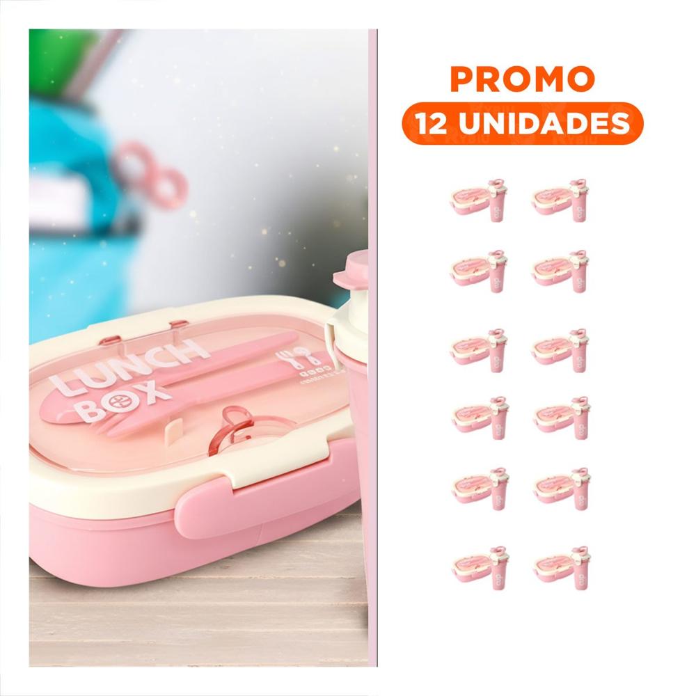 Pack12 Porta Comida 850ml con Cubiertos y Tomatodo 480ml Rosado para Oficina