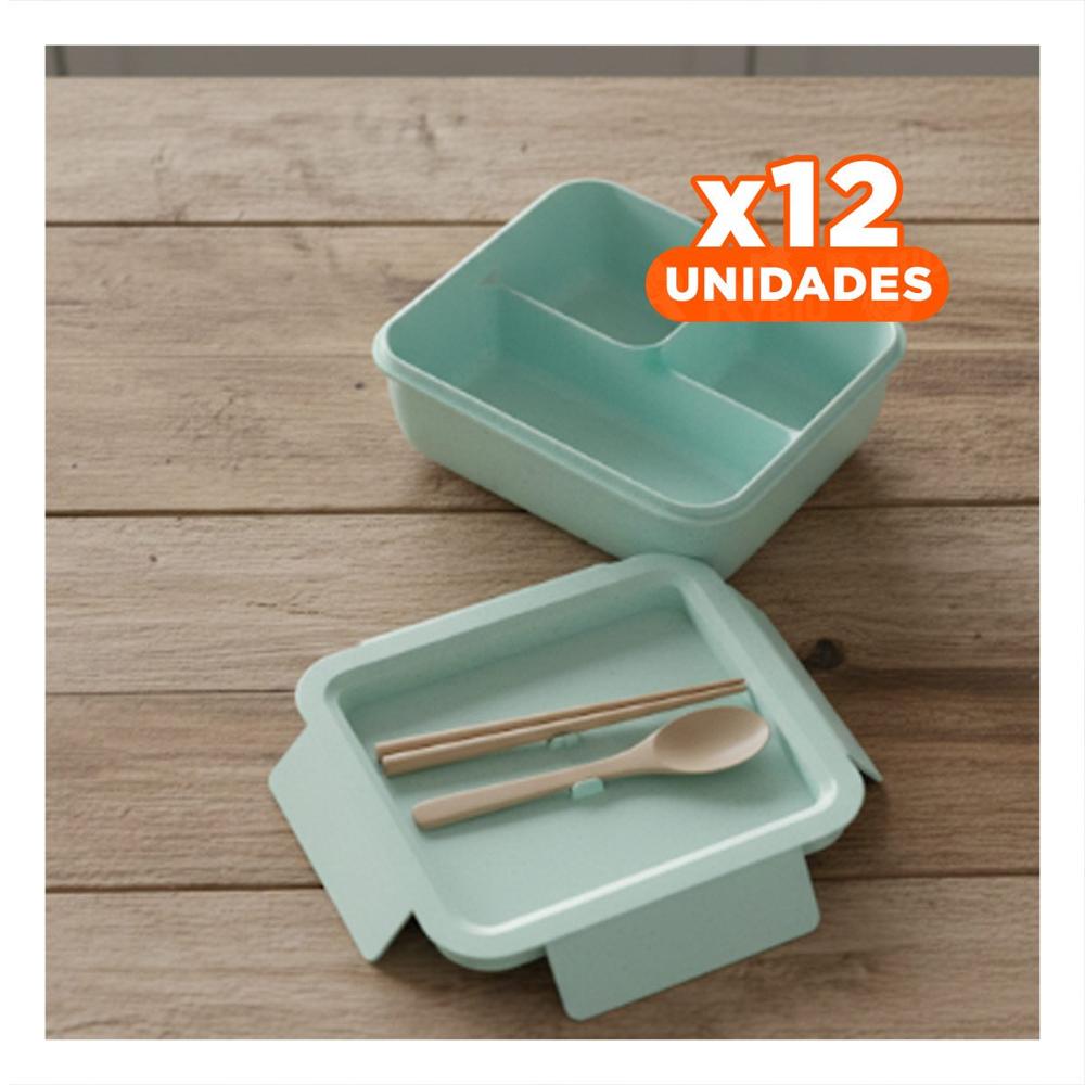 Pack12 Cajon cuadrado con cubiertos 1100ml verde agua para lunch y hogar Y Regalo Sticker