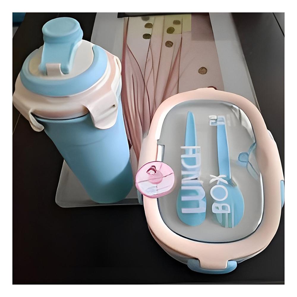 Caja 850ml con Cubiertos y Tomatodo 480ml Color Celeste Hermetico Seguro