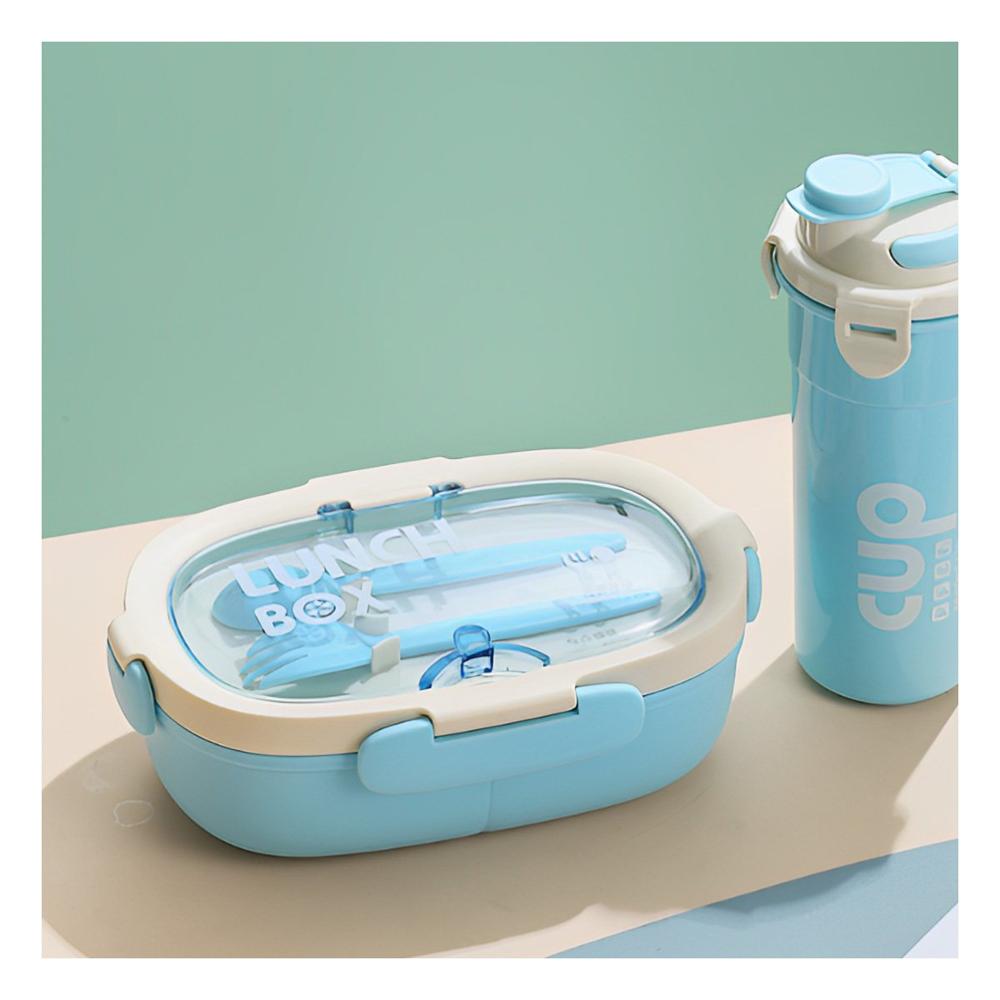 Caja 850ml con Cubiertos y Tomatodo 480ml Celeste Duradero Reforzado Y notas