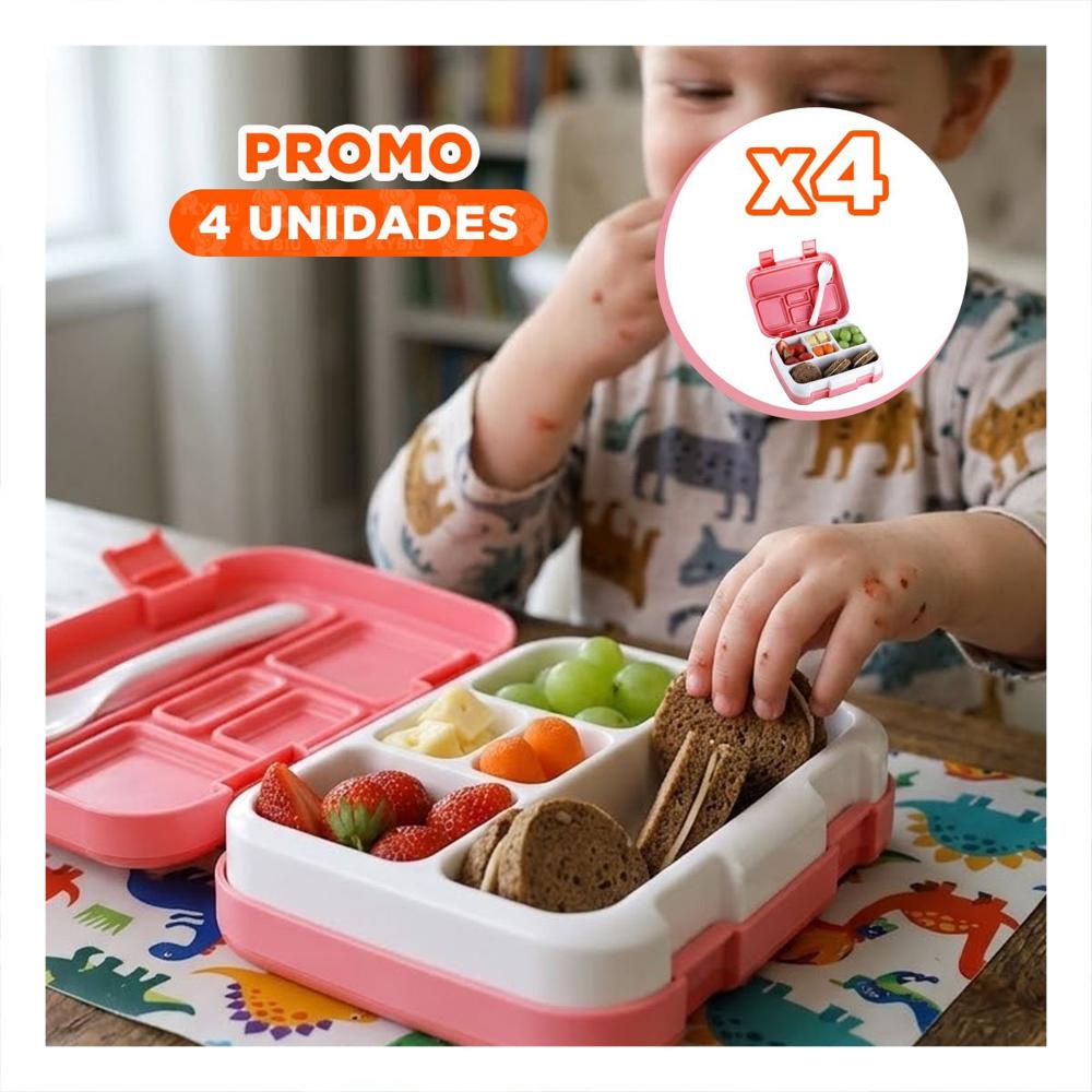 Pack4 Kit Bento 5 Divisiones Rosado para Llevar Comida Ordenada a Oficina YRegalo Sticker