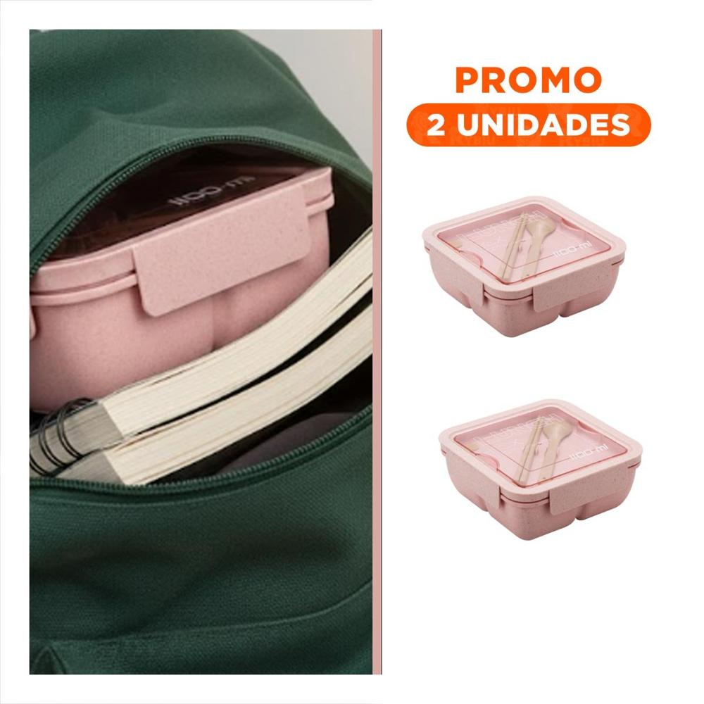 Pack2 Taper cuadrado con cubiertos 1100ml rosado para lunch y comida lista Y Regalo Sticker