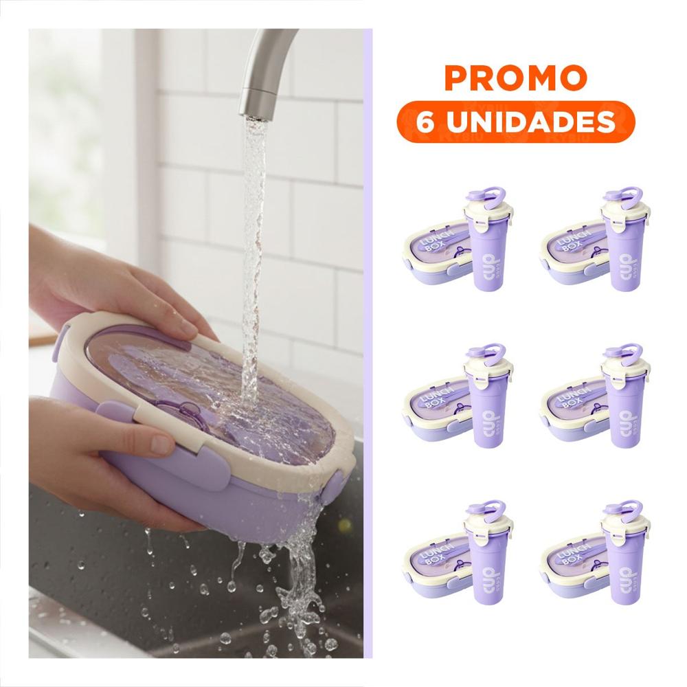 Pack6 Fiambrera 850ml con Cubiertos y Tomatodo 480ml Lila Practico Liviano YRegalo Sticker