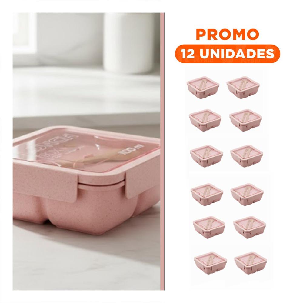 Pack12 Contenedor cuadrado con cubiertos 1100ml rosado para lunch y mantener fresca