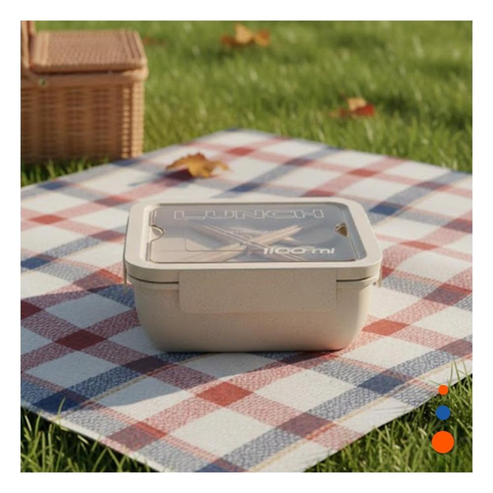 Caja Cuadrada con Cubiertos 1100ml Beige Para Lunch Y Almuerzo Saludable Y NOTAS