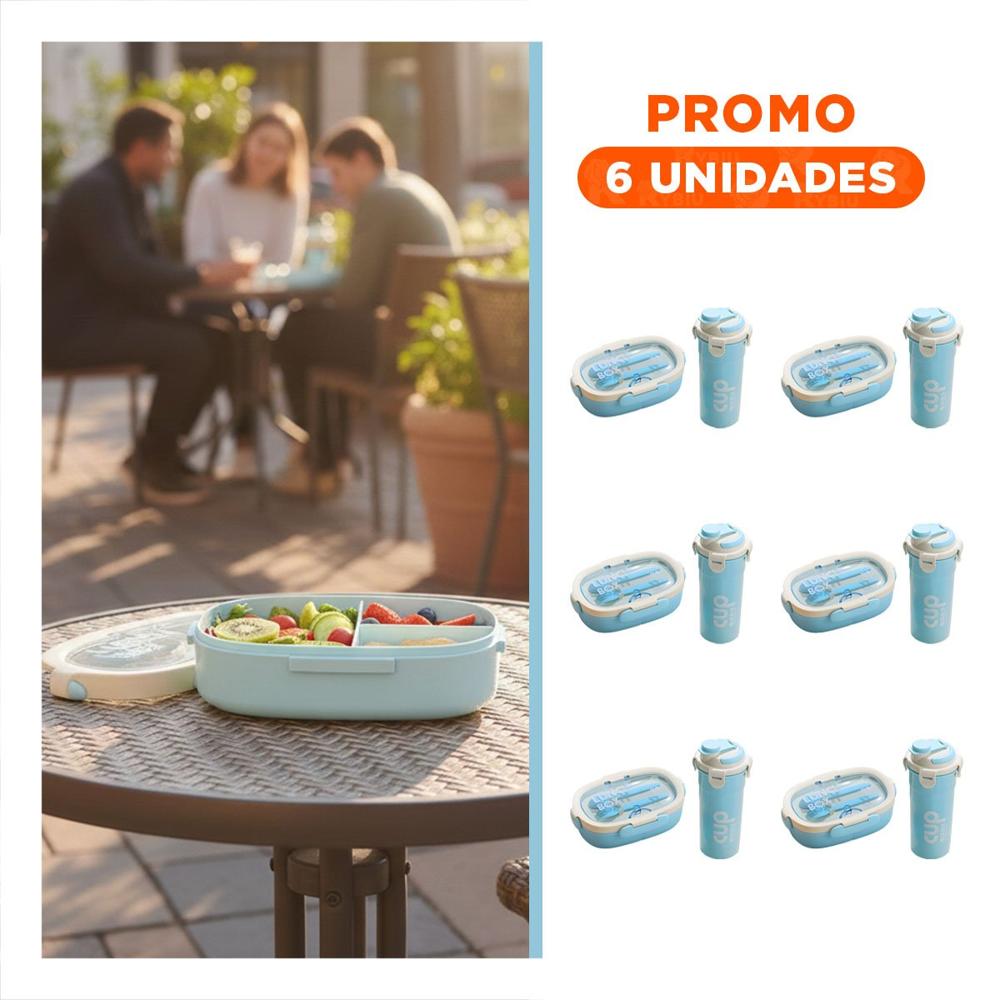 Pack6 Fiambrera 850ml con Cubiertos y Tomatodo 480ml Celeste Practico YRegalo Sticker