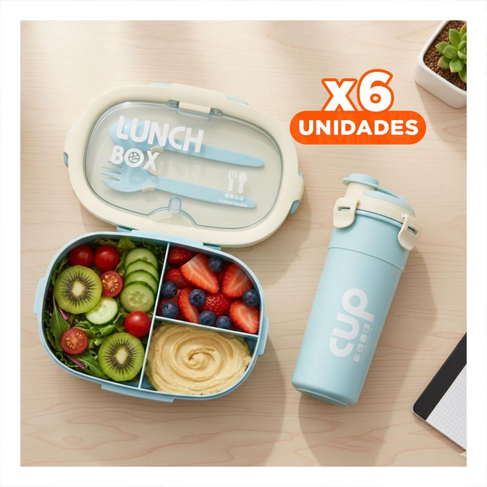Pack6 Fiambrera 850ml con Cubiertos y Tomatodo 480ml Celeste Moderno