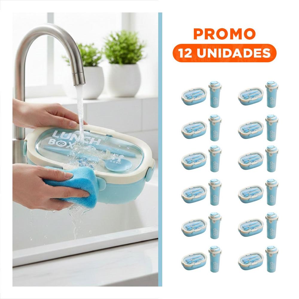 Pack12 Fiambrera 850ml con Cubiertos y Tomatodo 480ml Celeste Duradero