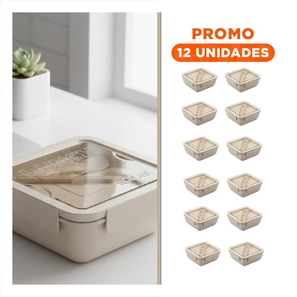 Pack12 Caja Resistente con Cubiertos 1100ml Beige Para Lunch Y Transporte Diario