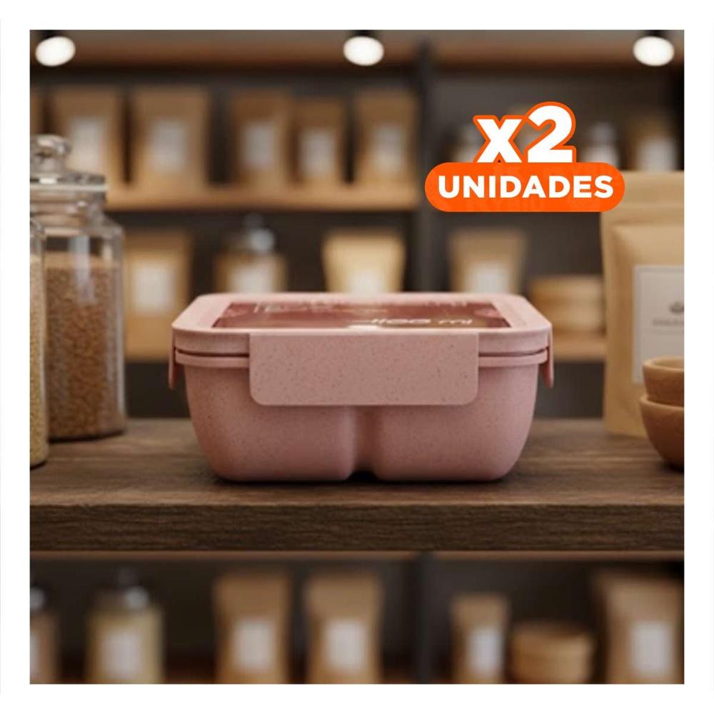 Pack2 Taper cuadrado con cubiertos 1100ml rosado para lunch y llevar comida