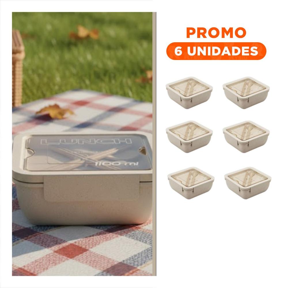 Pack6 Contenedor Compacto con Cubiertos 1100ml Beige Para Lunch Y Comida Y Regalo Sticker
