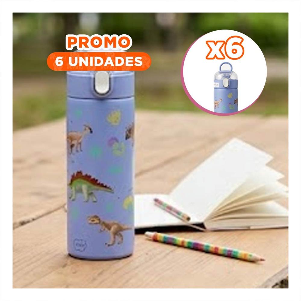 Pack6 Frasco Escolar 420ml Dinosaurio Azul con Apertura Facil para Ninos YPapel Regalo