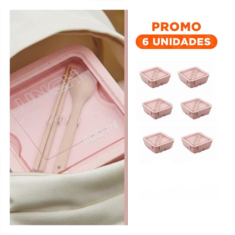 Pack6 Contenedor cuadrado con cubiertos 1100ml rosado para lunch y transportar Y Regalo Sticker