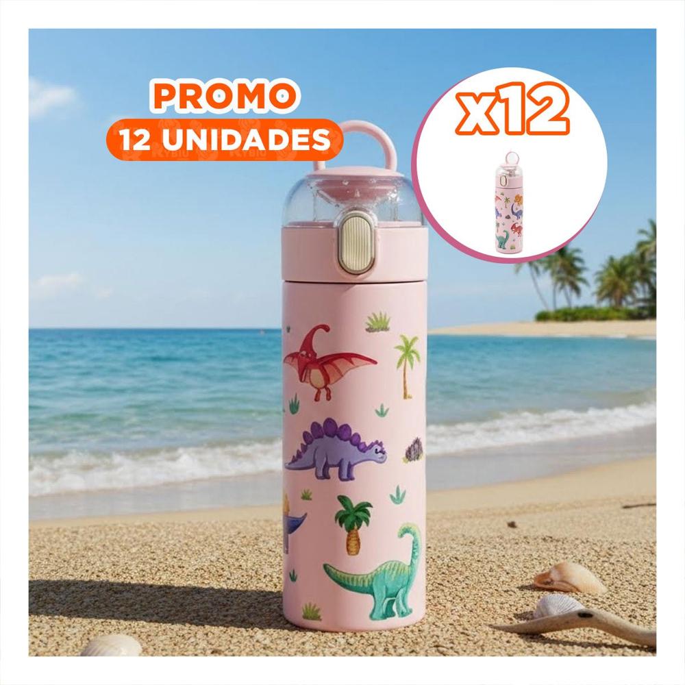 Pack12 Contenedor Infantil 420ml Dinosaurio Rosado para Agua y Jugos en Casa YRegalo Sticker