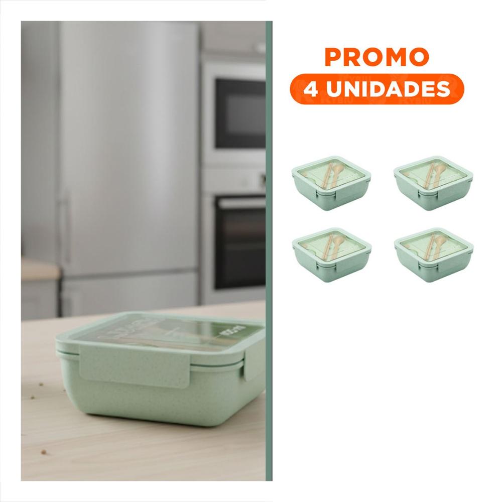 Pack4 Almacenador cuadrado con cubiertos 1100ml verde agua para lunch y hogar
