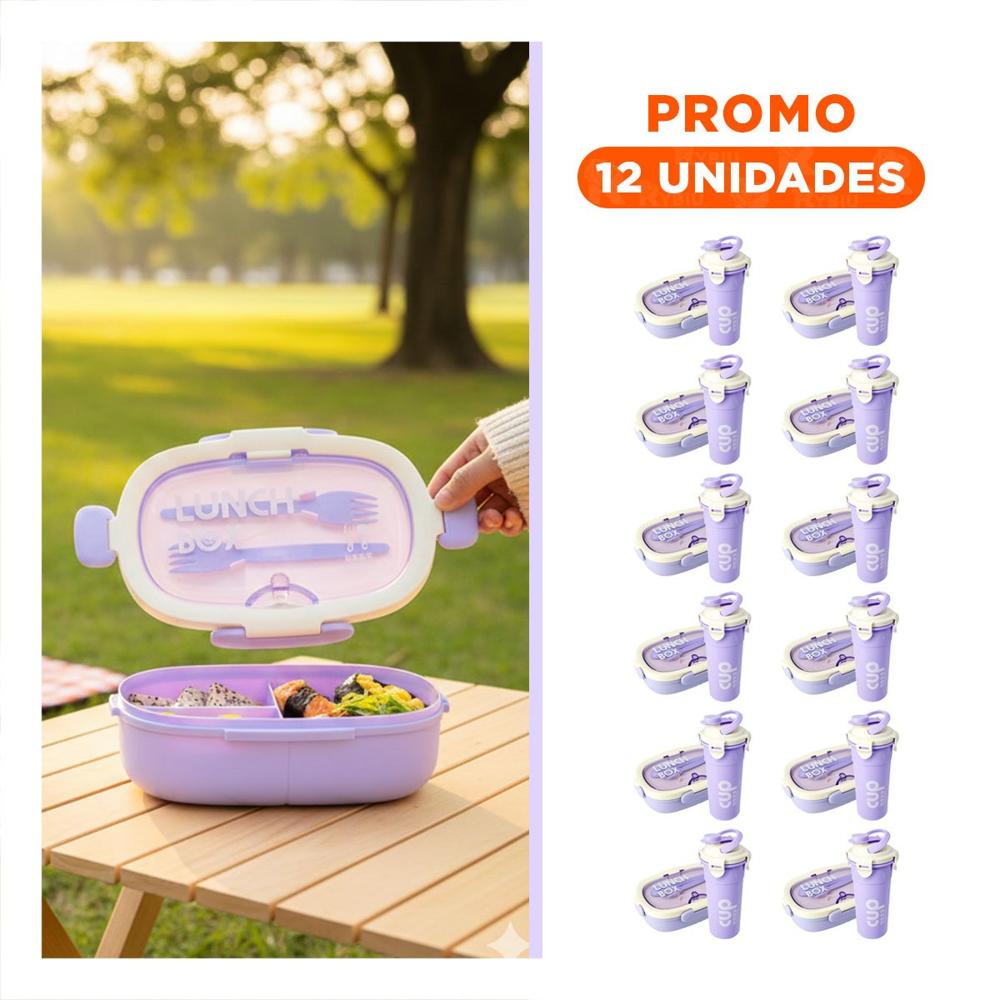 Pack12 Fiambrera 850ml con Cubiertos y Tomatodo 480ml Lila Duradero Firme