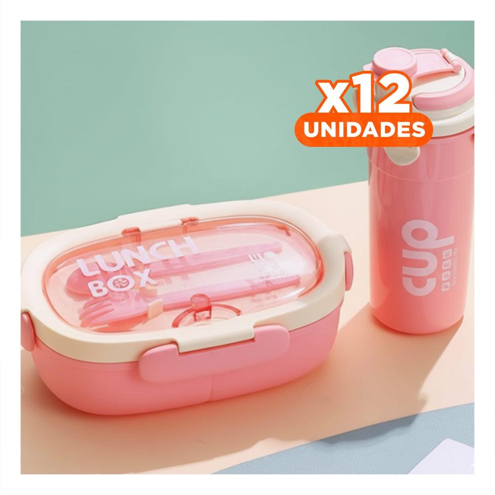Pack12 Caja Almuerzo 850ml con Cubiertos y Tomatodo 480ml Rosado para Hogar YPapel Regalo