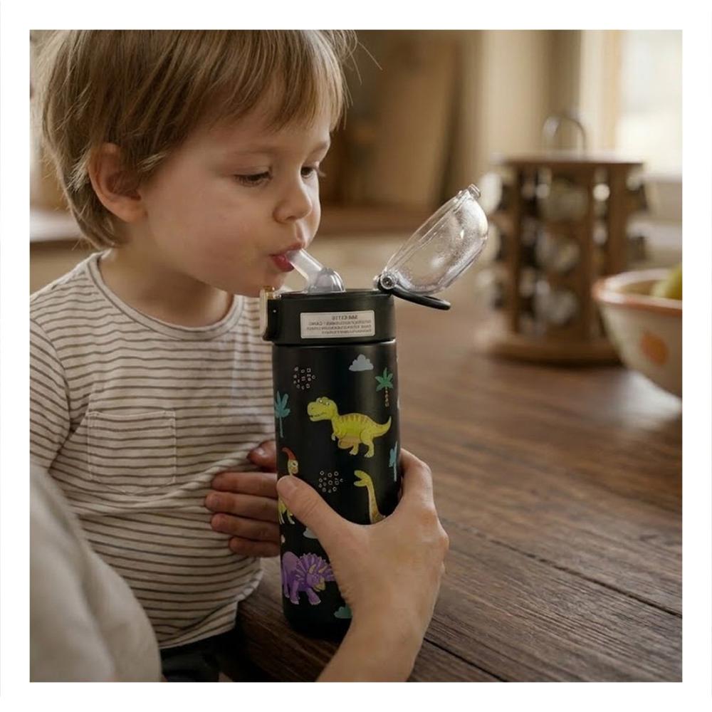 Termo 420ml Dinosaurio Negro con Tapa Hermetica para Hidratacion Diaria