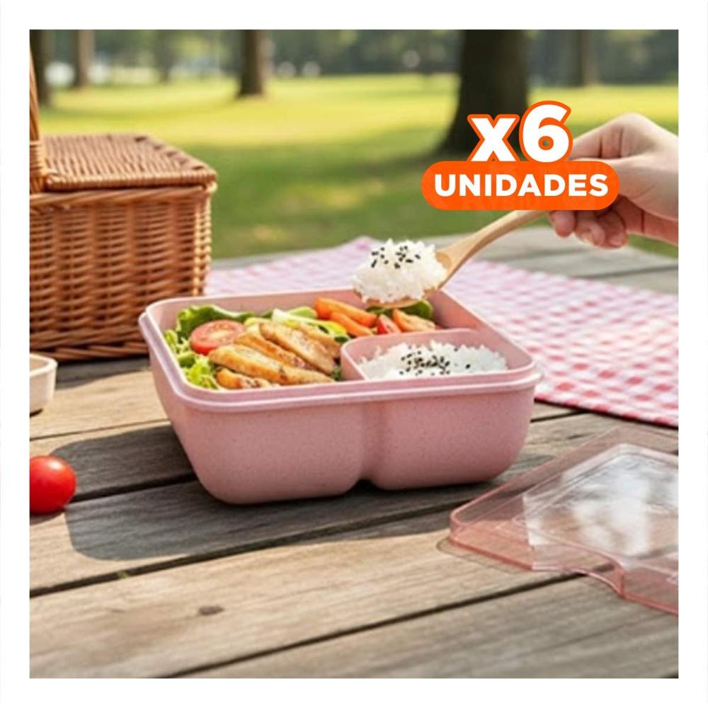 Pack6 Contenedor cuadrado con cubiertos 1100ml rosado para lunch y llevar comida Y Papel Regalo