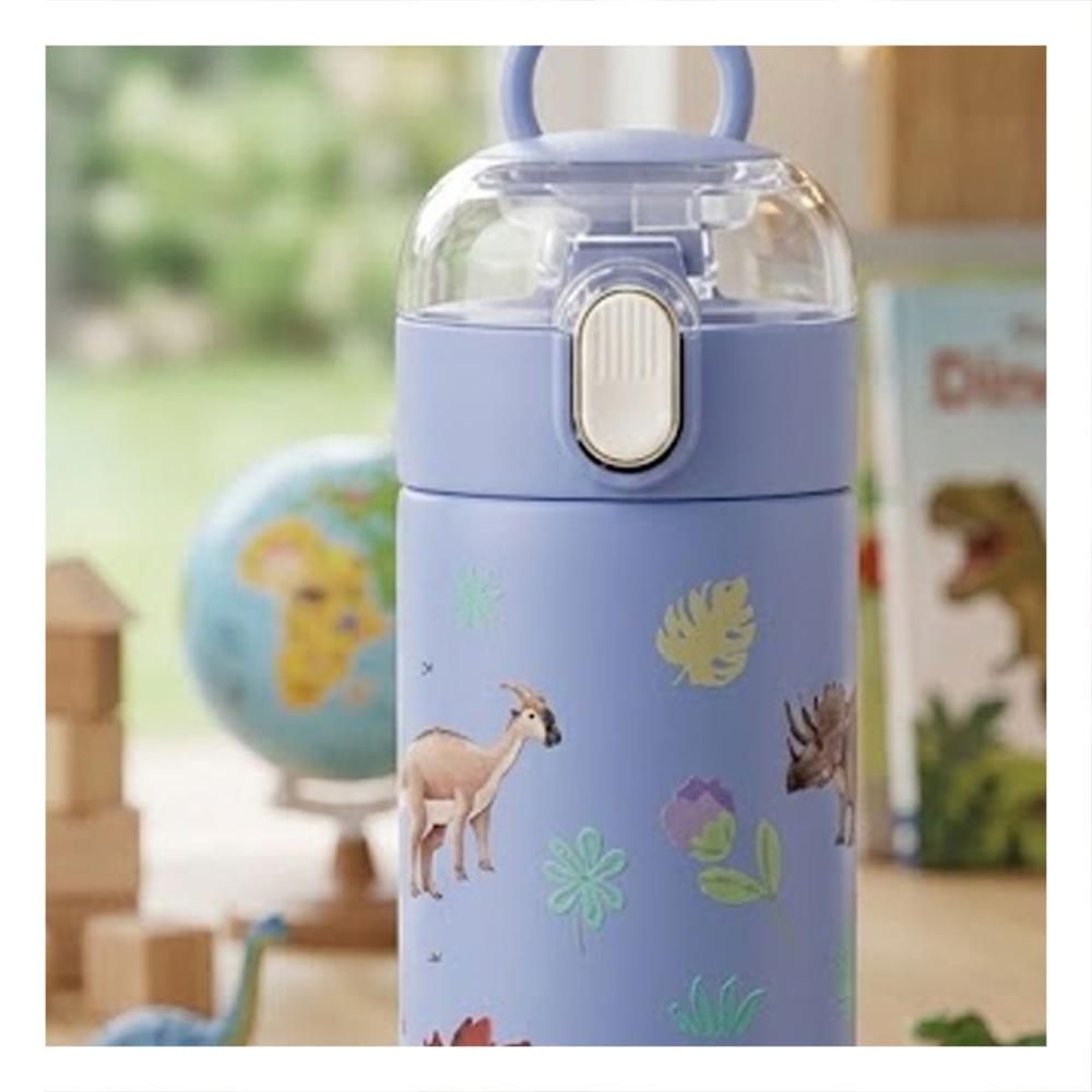 Termo Portatil 420ml Dinosaurio Azul para Ninos con Segura Y notas