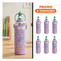 Pack6 Frasco Divertido 420ml Dinosaurio 3D Lila para Ninos con Tapa Hermetica YRegalo Sticker