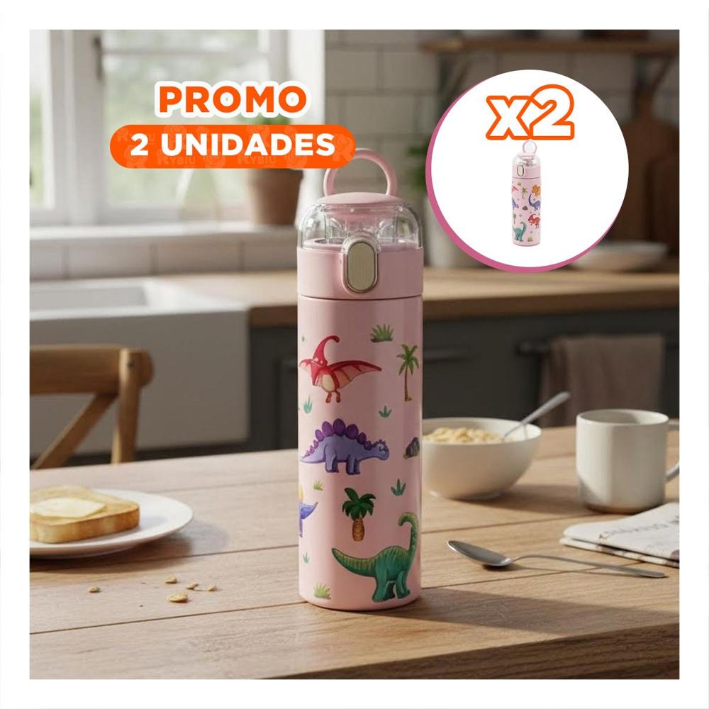 Pack2 Copo Portatil 420ml Dinosaurio Rosado para Ninos con Tapa Hermetica YPapel Regalo