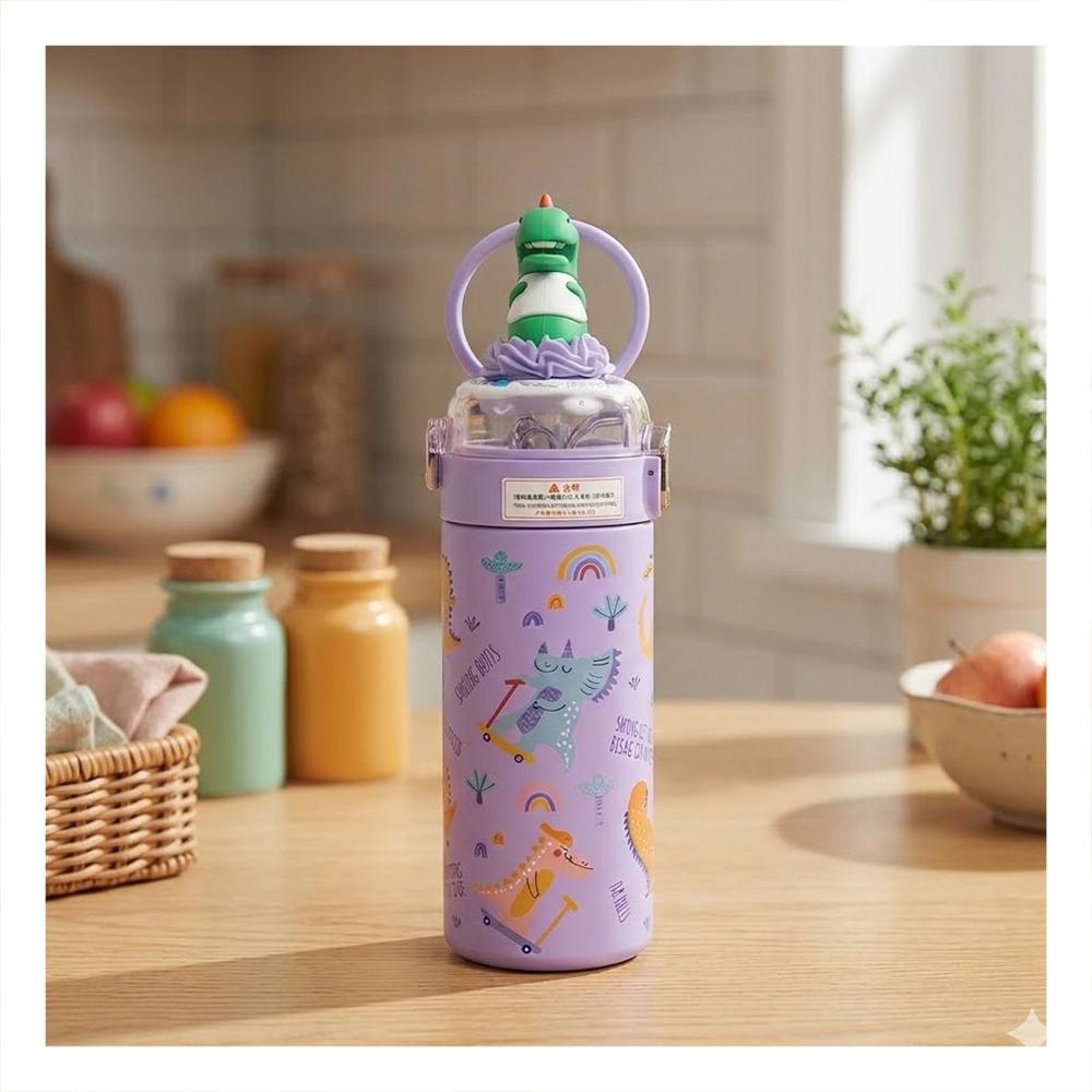 Termo Portatil 420ml Dinosaurio 3D Lila para Ninos con Segura Y notas