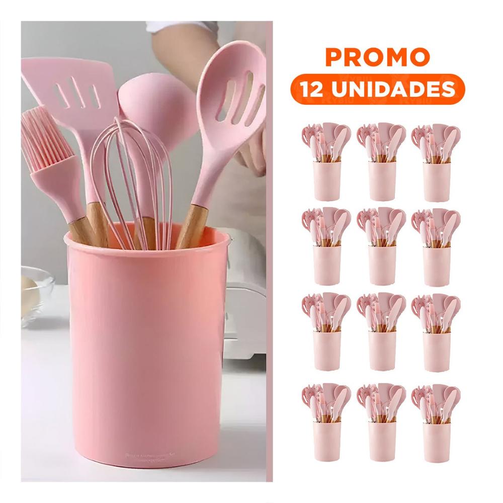Pack12 Kit de Cocina en Silicona Color Rosado con 12 Piezas para Uso Diario