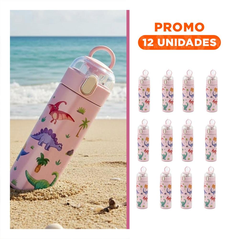 Pack12 Frasco Divertido 420ml Dinosaurio Rosado para Uso Escolar y Excursiones