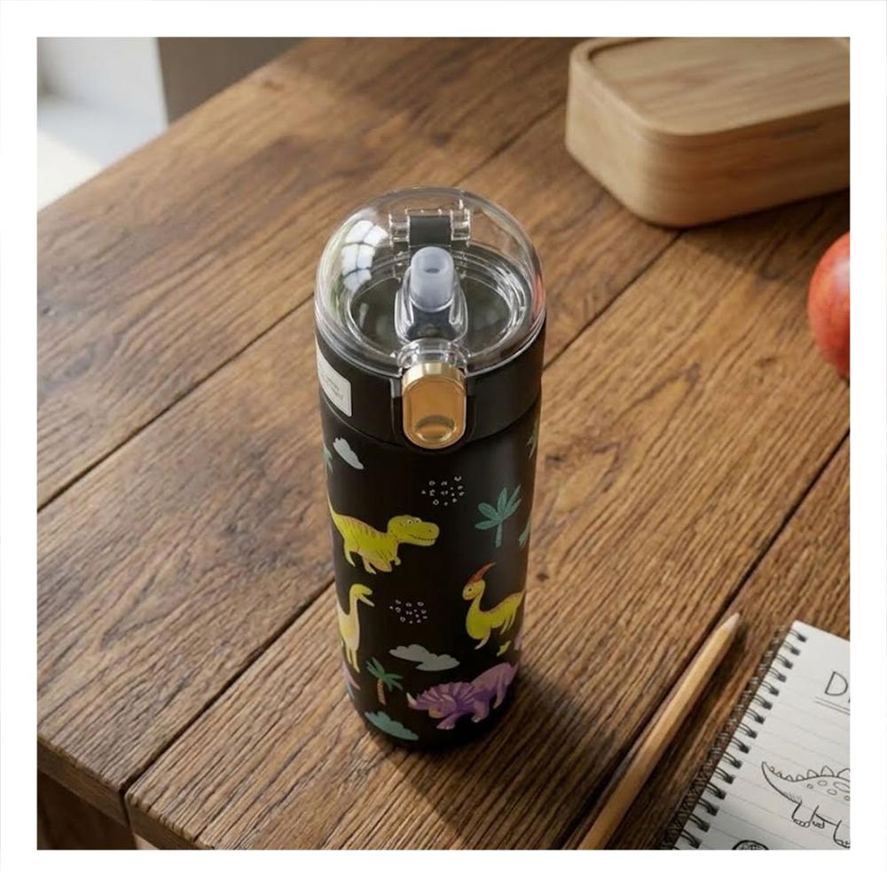 Termo Infantil 420ml Dinosaurio Negro con Diseno Colorido para Ninos YPapel Regalo