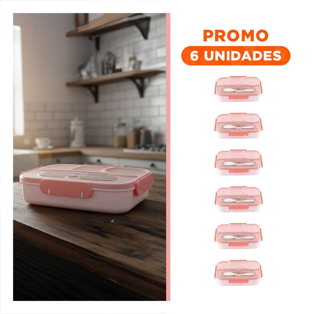 Pack6 Fiambrera Rectangular 4 Espacios con Tenedor 1100ml Rosado Practico YRegalo Sticker