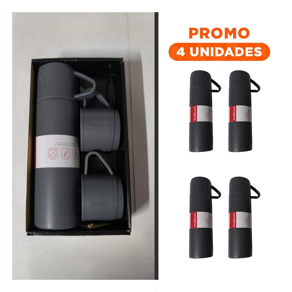 Pack4 Contenedor Termico con 2 tasas color plomo oscuro practico para viajes y oficina diaria