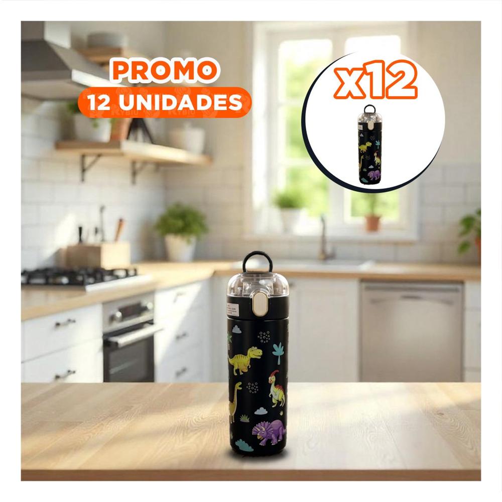 Pack12 Contenedor Infantil 420ml Dinosaurio Negro para Agua y Jugos en Casa YRegalo Sticker