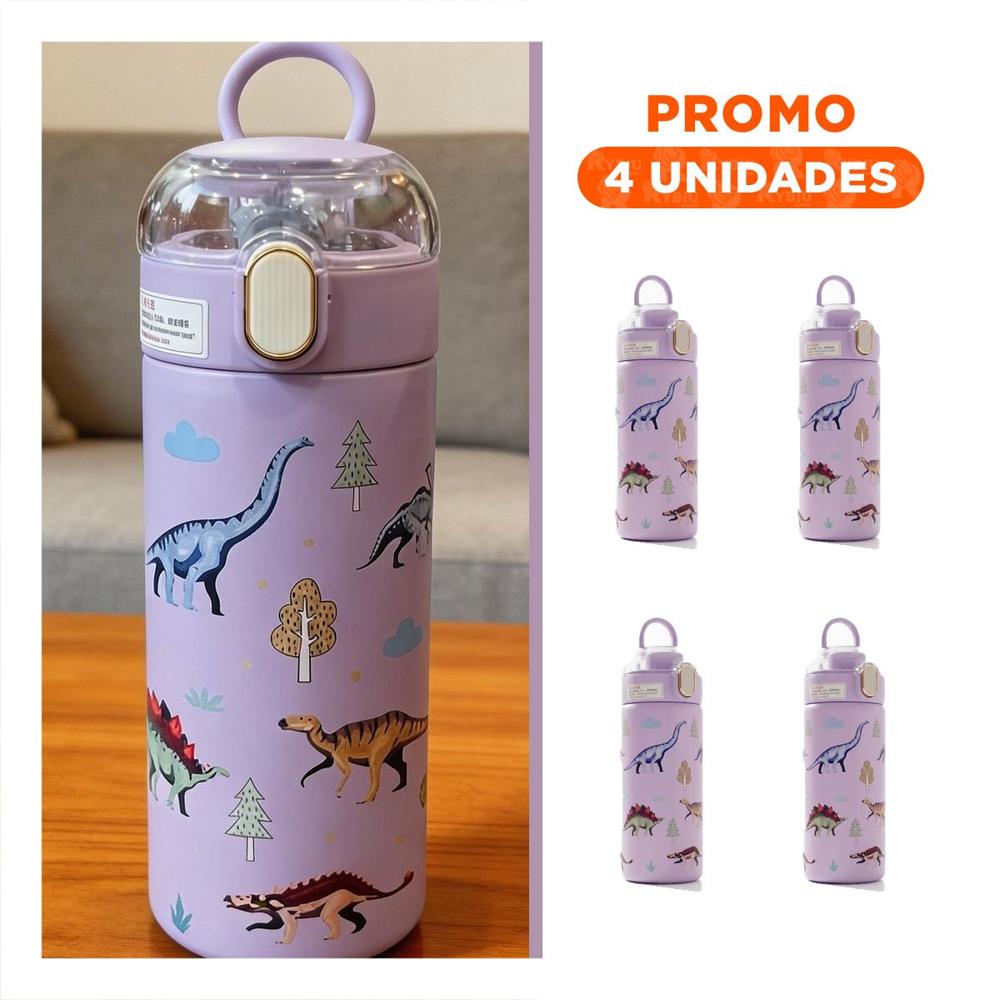 Pack4 Copo Portatil 420ml Dinosaurio Lila para Ninos en Casa o Escuela